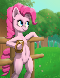 Size: 2310x3000 | Tagged: safe, artist:fuziorhush, derpibooru import, pinkie pie, earth pony, pony, g4, apple cider, belly, belly button, bipedal, drink, female, outdoors, solo