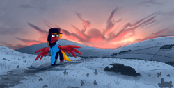 Size: 4241x2160 | Tagged: safe, artist:moonatik, derpibooru import, oc, oc only, oc:moonatik, pegasus, pony, clothes, cloud, glasses, hat, hoodie, male, outdoors, pegasus oc, scenery, snow, solo, stallion, sunrise, ushanka