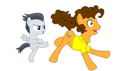 Size: 3840x2160 | Tagged: safe, derpibooru exclusive, derpibooru import, cheese sandwich, rumble, earth pony, pegasus, pony, g4, amish paradise, colt, duo, duo male, foal, kick, kick in the butt, kicking, male, simple background, stallion, transparent background, vector, voice actor joke, weird al yankovic