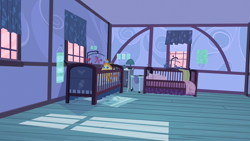 Size: 1280x720 | Tagged: safe, derpibooru import, screencap, pumpkin cake, pony, unicorn, baby cakes, g4, season 2, baby, baby pony, bedroom, bow, crib, doll, drool, foal, hair bow, hamper, horn, lamp, mobile, mouth hold, my little pony: friendship is magic, nursery, pink sky, scenery, solo, sugarcube corner, sugarcube corner (interior), toy