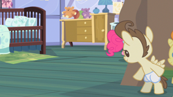 Size: 1280x720 | Tagged: safe, derpibooru import, screencap, pinkie pie, pound cake, pumpkin cake, earth pony, pegasus, pony, unicorn, baby cakes, g4, season 2, baby, baby pony, ball, bedroom, blanket, crib, diaper, foal, horn, lamp, looking at someone, my little pony: friendship is magic, nursery, offscreen character, pillow, plushie, rug, sneaking, sugarcube corner, sugarcube corner (interior), teddy bear, trio