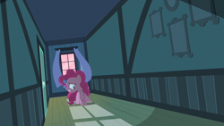 Size: 1280x720 | Tagged: safe, derpibooru import, screencap, pinkie pie, earth pony, pony, baby cakes, g4, season 2, curtains, door, female, hallway, my little pony: friendship is magic, nervous, picture frame, pink sky, scared, solo, solo female, sugarcube corner, sugarcube corner (interior), wind