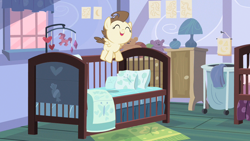 Size: 1280x720 | Tagged: safe, derpibooru import, screencap, pound cake, pegasus, pony, baby cakes, g4, season 2, baby, baby pony, bedside stand, blanket, crib, cute, foal, hamper, jumping, jumping on bed, jumping on the bed, lamp, male, missing accessory, my little pony: friendship is magic, pillow, pink sky, plushie, poundabetes, rambunctious, solo, solo male, sugarcube corner, sugarcube corner (interior), teddy bear