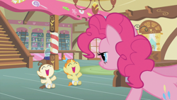 Size: 1280x720 | Tagged: safe, derpibooru import, screencap, pinkie pie, pound cake, pumpkin cake, earth pony, pegasus, pony, unicorn, baby cakes, g4, season 2, baby, baby pony, bow, brother and sister, cake twins, candy, chandelier, cute, diaper, diapered baby, diapered colt, diapered filly, diapered foals, eyes closed, female, filly, foal, food, fraternal twins, hair bow, happy, happy babies, happy baby, horn, joy, joyous, ladder, looking at someone, male, mid-blink screencap, my little pony: friendship is magic, open mouth, ponyville, poundabetes, pumpkinbetes, siblings, sitting, sitting on floor, stairs, sugarcube corner, sugarcube corner (interior), trio, twins