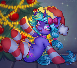 Size: 5283x4676 | Tagged: safe, artist:chaosangeldesu, derpibooru import, oc, oc only, oc:lilac tart, pony, unicorn, bow, christmas, christmas lights, christmas stocking, christmas tree, clothes, commission, cute, female, hat, holiday, horn, mare, santa hat, socks, solo, solo female, tree