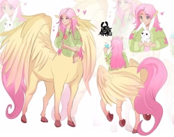 Size: 2048x1623 | Tagged: safe, artist:inkrred, derpibooru import, part of a set, angel bunny, fluttershy, bird, centaur, human, rabbit, taur, g4, animal, butt, centaurified, centaurshy, duo, duo male and female, eared humanization, female, floating heart, flutterbutt, freckles, freckleshy, heart, horse ears, humanized, large wings, male, mare, partially open wings, pegataur, plot, simple background, species swap, underhoof, white background, wings, zoom layer