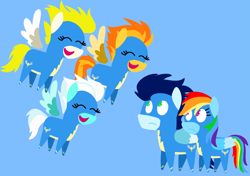 Size: 3553x2499 | Tagged: safe, anonymous artist, derpibooru exclusive, derpibooru import, fleetfoot, rainbow dash, soarin', spitfire, pegasus, pony, series:soarindash relationship, series:soarindash romantic tales, g4, clothes, eyes closed, female, fleetfoot the shipper, flying, male, mare, pointy ponies, shipper on deck, shipping, soarindash, spitfire the shipper, stallion, straight, surprise (g4), surprise the shipper, uniform, wonderbolts, wonderbolts uniform