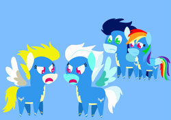 Size: 3553x2499 | Tagged: safe, anonymous artist, derpibooru exclusive, derpibooru import, fleetfoot, rainbow dash, soarin', pegasus, pony, series:soarindash relationship, series:soarindash romantic tales, g4, argument, clothes, female, male, mare, pointy ponies, shipper on deck, shipping, soarindash, stallion, straight, surprise (g4), uniform, wonderbolts, wonderbolts uniform