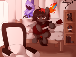 Size: 1600x1200 | Tagged: safe, artist:lamaka, derpibooru import, oc, oc:critic, oc:lamaka, original species, pegasus, pony, bed, chair, colored horn, curved horn, female, guitar, horn, indoors, mare, musical instrument, no face, office chair, plush pony, plushie, poster, room, sombra horn, село