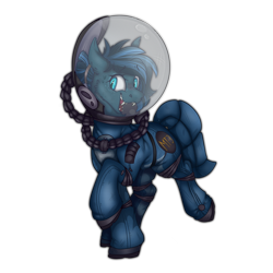 Size: 2300x2300 | Tagged: safe, artist:molars, derpibooru import, oc, oc only, oc:stellar aurorae, bat pony, pony, fallout equestria, ashes town, blushing, commission, female, full body, hidden wings, mare, radiation suit, sharp teeth, simple background, smiling, solo, sweat, sweatdrop, teeth, transparent background, trotting