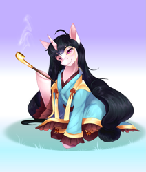 Size: 1617x1905 | Tagged: safe, artist:katrina.pixel, derpibooru import, pony, unicorn, clothes, evillious chronicles, female, horn, kimono (clothing), long hair, ma, mare, monocle, pipe, ponified, sitting, smoking, sorceress, species swap