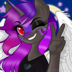 Size: 1024x1024 | Tagged: safe, artist:ella_starshade, derpibooru import, oc, oc:ella starshade, alicorn, anthro, clothes, facial markings, moon, one eye closed, peace sign, smiling, stars, wings, wink