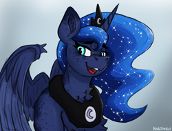 Size: 1451x1100 | Tagged: safe, artist:reddthebat, derpibooru import, princess luna, alicorn, pony, g4, bust, chest fluff, ear fluff, ears, female, freckles, freckluna, lidded eyes, mare, open mouth, open smile, partially open wings, signature, smiling, solo, wings