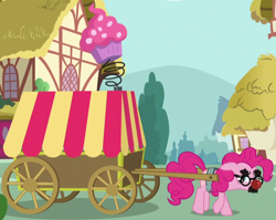 Size: 852x677 | Tagged: safe, derpibooru import, pinkie pie, earth pony, pony, g4, season 5, the one where pinkie pie knows, cart, cupcake, delivery, delivery pony, disguise, disgusted, ears, female, floppy ears, food, groucho mask, implied cake, mare, my little pony: friendship is magic, outdoors, ponyville, pulling, pulling cart, red and yellow, sneaking, solo, spring, wagon