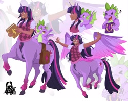 Size: 2048x1623 | Tagged: safe, artist:inkrred, derpibooru import, part of a set, spike, twilight sparkle, twilight sparkle (alicorn), alicorn, centaur, dragon, human, taur, g4, alicorn humanization, bag, book, centaur twilight, centaurified, duo, duo male and female, eared humanization, female, horn, horned humanization, horse ears, humanized, male, moderate dark skin, pegataur, saddle bag, species swap, spread arms, spread wings, sweater vest, winged humanization, winged spike, wings, zoom layer