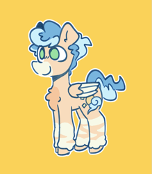 Size: 751x856 | Tagged: safe, artist:blex, derpibooru import, oc, oc only, oc:sunshower, pegasus, pony, blue mane, blue tail, brown hooves, chest fluff, coat markings, colored, colored hooves, colt, foal, full body, green eyes, hooves, male, male oc, name, orange coat, outline, pegasus oc, quadrupedal, simple background, smiling, standing, tail, three quarter view, unshorn fetlocks, white outline, yellow background