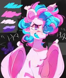 Size: 2550x3000 | Tagged: safe, artist:pakmur, derpibooru import, oc, oc only, oc:sweetie swirl, bat pony, pony, abstract background, bow, chest fluff, sitting, smiling, solo