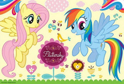 Size: 350x238 | Tagged: safe, derpibooru import, fluttershy, rainbow dash, bird, pegasus, pony, g4, cute, duo, duo female, female, flower, flying, happy, mare, puzzle, trefl