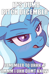 Size: 3334x5000 | Tagged: safe, alternate version, artist:sigilponies, derpibooru import, edit, trixie, pony, unicorn, g4, blushing, bust, cape, caption, clothes, female, horn, image macro, mare, open mouth, portrait, simple background, solo, text, trixie's cape, vulgar, white background