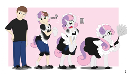 Size: 2513x1466 | Tagged: safe, artist:redpaladin, derpibooru import, sweetie belle, human, pony, unicorn, g4, blushing, clothes, duster, emanata, exclamation point, female, horn, human to pony, maid, male, male to female, older, older sweetie belle, one eye closed, open mouth, passepartout, question mark, rule 63, shoes, species swap, transformation, transformation sequence, transforming clothes, transgender transformation, wink