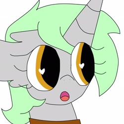 Size: 2048x2048 | Tagged: safe, artist:mcrxsolidarity, derpibooru import, oc, oc only, oc:heartbeat, pony, unicorn, big eyes, clothes, eyelashes, female, golden eyes, gray coat, green mane, heart, horn, mare, mare oc, open mouth, owner:blackblade360, pony oc, shirt, short mane, simple background, solo, unicorn oc, white background