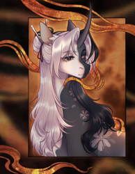 Size: 1674x2160 | Tagged: safe, artist:a-lin, derpibooru import, oc, oc only, anthro, unicorn, bust, clothes, commission, curved horn, disguise, disguised changeling, dress, feminine stallion, hair bun, horn, male, solo, ych result