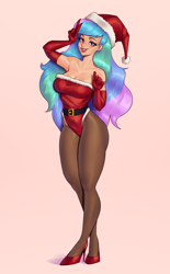 Size: 1800x2900 | Tagged: safe, artist:aquaticvibes, derpibooru import, princess celestia, human, g4, breasts, christmas, christmas outfit, cleavage, clothes, female, gloves, hat, high heels, holiday, humanized, long gloves, pantyhose, peace sign, princess breastia, santa hat, shoes, simple background, solo