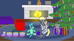 Size: 1920x1080 | Tagged: safe, artist:platinumdrop, derpibooru import, derpy hooves, pegasus, pony, g4, blank flank, christmas, christmas tree, commission, doll, female, filly, foal, holiday, indoors, present, toy, train, tree, younger