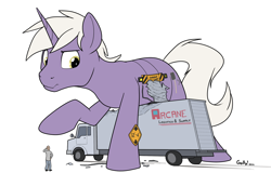 Size: 2574x1645 | Tagged: safe, artist:rapidstrike, derpibooru import, oc, oc only, oc:drawbridge, human, pony, unicorn, accident, car accident, duo, giant pony, horn, macro, simple background, size difference, truck, white background