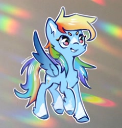 Size: 984x1029 | Tagged: safe, artist:anazeml, derpibooru import, rainbow dash, pegasus, pony, g4, beanbrows, blaze (coat marking), chest fluff, coat markings, colored pinnae, colored wings, eyebrows, facial markings, female, fetlock tuft, gradient wings, grin, mare, smiling, solo, spread wings, wings