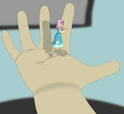 Size: 1888x1740 | Tagged: safe, artist:deferredgalaxy, derpibooru import, fluttershy, human, equestria girls, g4, clothes, dress, hand, handheld, humanized, in goliath's palm, looking at you, micro, offscreen character, pov, scared, shrink, shrunken, size difference, tiny