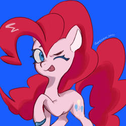 Size: 4096x4096 | Tagged: safe, artist:metaruscarlet, derpibooru import, pinkie pie, earth pony, pony, g4, blue background, eyebrows, one eye closed, raised hoof, raised leg, simple background, solo, tongue, tongue out, wink