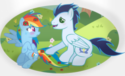 Size: 750x455 | Tagged: safe, artist:soarinrainbowdash3, derpibooru import, rainbow dash, soarin', pegasus, pony, g4, female, male, mare, outdoors, shipping, soarindash, stallion, straight