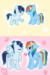 Size: 731x1093 | Tagged: safe, artist:soarinrainbowdash3, derpibooru import, rainbow dash, soarin', pegasus, pony, g4, colt, colt soarin', female, filly, filly rainbow dash, foal, male, mare, shipping, soarindash, stallion, straight, younger