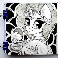 Size: 2992x2992 | Tagged: safe, artist:lilacclime, derpibooru import, saffron masala, pony, unicorn, g4, black and white, clothes, cup, desktop ponies, female, grayscale, horn, indian, inktober 2023, jewelry, looking at you, mare, monochrome, pixel art, solo, sprite, teacup, watermark