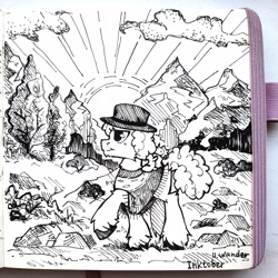 Size: 2048x2048 | Tagged: safe, artist:lilacclime, derpibooru import, cheese sandwich, earth pony, pony, g4, black and white, clothes, curly hair, grayscale, hat, inktober 2023, male, monochrome, nature, outdoors, poncho, solo, stallion