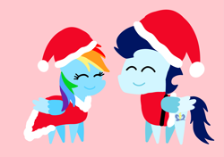 Size: 3553x2499 | Tagged: safe, anonymous artist, derpibooru exclusive, derpibooru import, rainbow dash, soarin', pegasus, pony, series:soarindash hearth's warming, series:soarindash romantic tales, g4, christmas, christmas clothing, clothes, costume, eyes closed, female, hat, hearth's warming, holiday, male, mare, pointy ponies, santa costume, santa hat, shipping, smiling, soarindash, stallion, straight