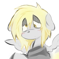 Size: 877x876 | Tagged: safe, artist:sn00wd0gg3, derpibooru import, derpy hooves, pegasus, pony, g4, blonde, blonde mane, bust, clothes, gray coat, lidded eyes, shirt, simple background, solo, spread wings, striped shirt, white background, wings