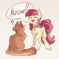 Size: 1600x1600 | Tagged: safe, artist:miss_glowwormis, derpibooru import, roseluck, cat, earth pony, pony, g4, behaving like a cat, collar, commission, commissioner:doom9454, cute, duo, meow, pet tag, pony pet, rosepet, sitting, standing