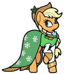 Size: 784x900 | Tagged: safe, alternate version, artist:kindakismet, derpibooru import, applejack, spirit of hearth's warming past, earth pony, pony, g4, clothes, cute, hat, jackabetes, raised hoof, raised leg, simple background, smiling, solo, transparent background