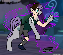 Size: 3391x2975 | Tagged: safe, artist:boundbrush, artist:just-silvushka, derpibooru import, maud pie, earth pony, human, pony, g4, clothes, disappearing clothes, high res, human to pony, magic, outdoors, rock, solo, species swap, transformation