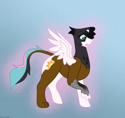 Size: 2048x1923 | Tagged: safe, artist:home-made, derpibooru import, princess celestia, oc, alicorn, griffon, pony, g4, character to character, gradient background, griffon to pony, magic, solo, spread wings, transformation, transformation sequence, wings