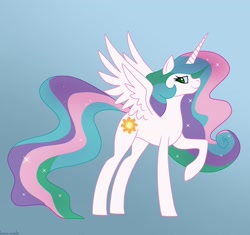 Size: 2048x1923 | Tagged: safe, artist:home-made, derpibooru import, princess celestia, alicorn, pony, g4, character to character, female, gradient background, griffon to pony, mare, raised hoof, raised leg, smiling, solo, spread wings, transformation, transformation sequence, wings