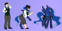 Size: 2718x1355 | Tagged: safe, artist:home-made, derpibooru import, princess luna, alicorn, human, pony, g4, gradient background, human to pony, species swap, spread wings, transformation, transformation sequence, wings