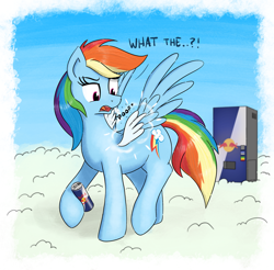 Size: 1418x1395 | Tagged: safe, artist:eels, derpibooru import, rainbow dash, pegasus, pony, seraph, g4, cloud, double wings, drink, energy drink, exclamation point, female, interrobang, mare, multiple wings, onomatopoeia, open mouth, outdoors, poof, question mark, red bull, red bull gives you wings, shocked, shocked expression, solo, spread wings, vending machine, wings