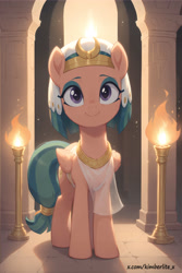 Size: 3000x4500 | Tagged: safe, ai content, derpibooru import, generator:stable diffusion, somnambula, pegasus, pony, g4, ai composition, cute, female, fire, indoors, looking at you, mare, prompter:kimberlite, smiling, smiling at you, solo, temple