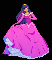 Size: 1365x1570 | Tagged: artist needed, safe, derpibooru import, twilight sparkle, human, g4, clothes, crown, dress, eye clipping through hair, gown, jewelry, necklace, petticoat, princess aurora, princess costume, princess dress, regalia, smiling