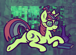 Size: 1717x1240 | Tagged: safe, artist:catponything, derpibooru import, moondancer, pony, unicorn, g4, :p, bong, book, butt, crossed hooves, dock, drug use, drugs, female, glasses, horn, lidded eyes, looking at you, lying down, mare, marijuana, messy mane, plot, prone, smiling, smiling at you, smoke weed everyday, tail, tongue, tongue out