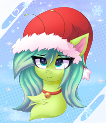 Size: 3000x3500 | Tagged: safe, artist:gaffy, derpibooru import, oc, oc only, oc:starzie, earth pony, pony, :3, abstract background, art trade, bell, bust, chest fluff, christmas, earth pony oc, eye clipping through hair, female, hat, holiday, mare, portrait, santa hat, smiling