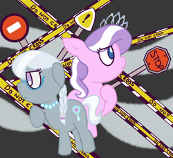 Size: 1150x1050 | Tagged: safe, artist:wanda, derpibooru import, diamond tiara, silver spoon, earth pony, pony, g4, female, filly, foal, glasses, looking down, looking up, sign, stop sign